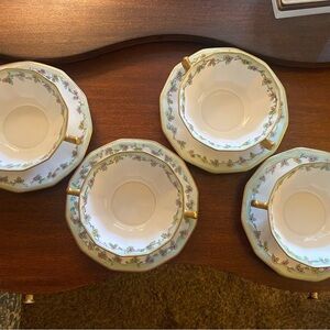 4 Antique Floral Rimmed China Soup Bowls/ double handle cups saucers. Gold trim